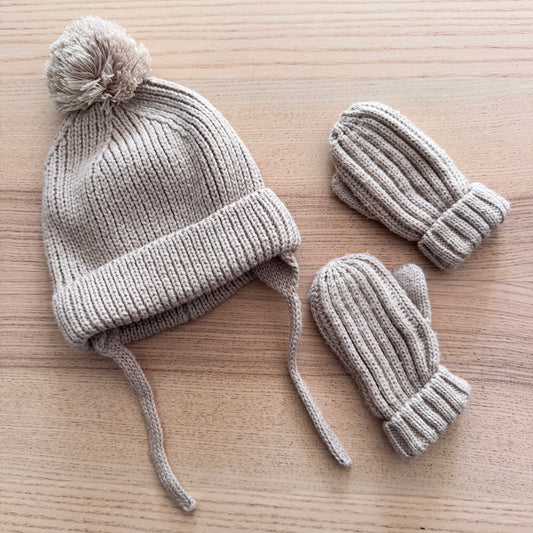 Zara / Beige knit hat and mittens set / 12-24M