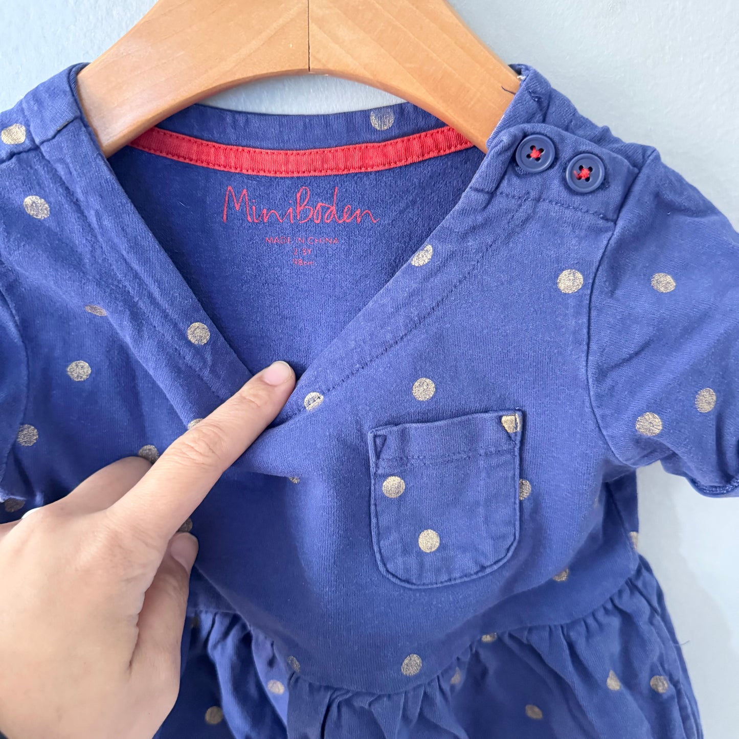 Mini boden / Navy x gold dots dress / 2-3Y