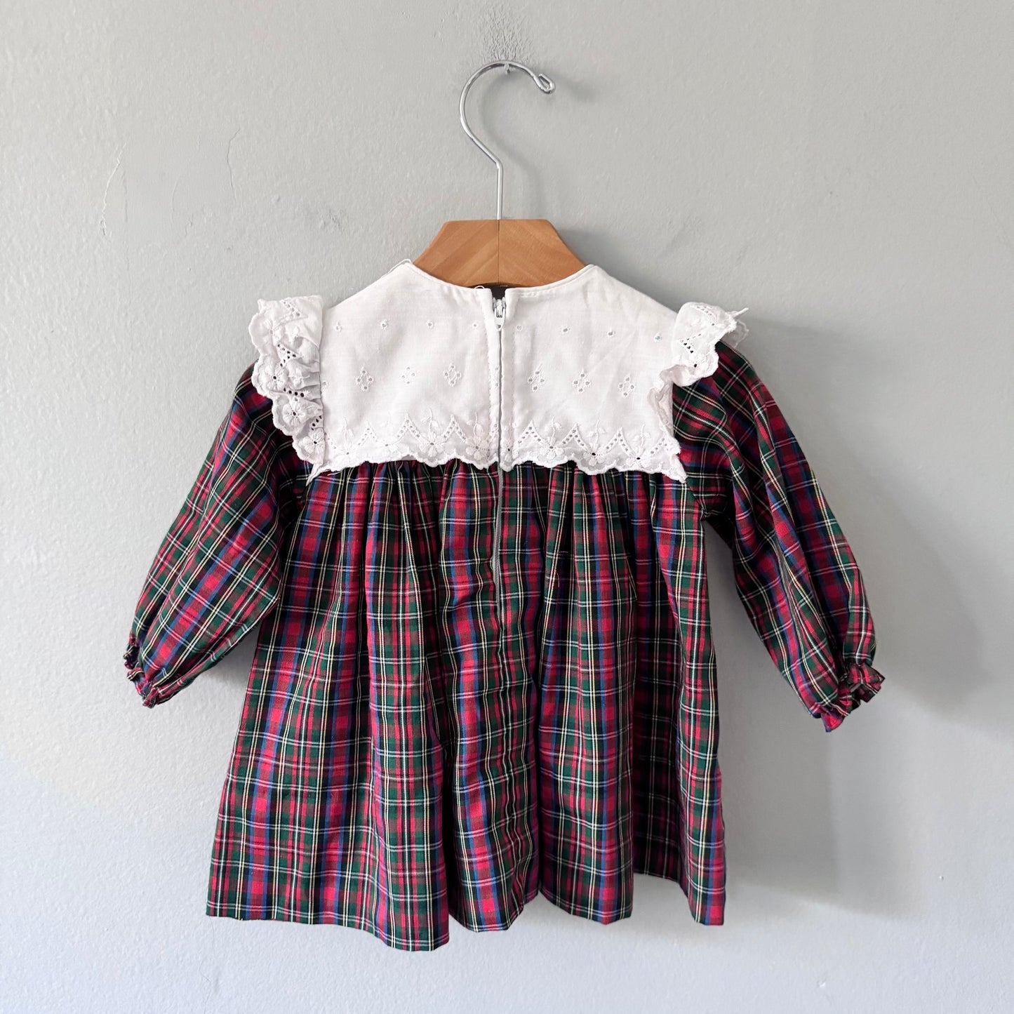 Vintage / Red green check long sleeve dress / 12M
