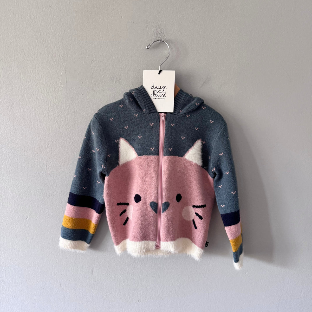 Deux par deux / Grey x pink cat knit zip up / 24M