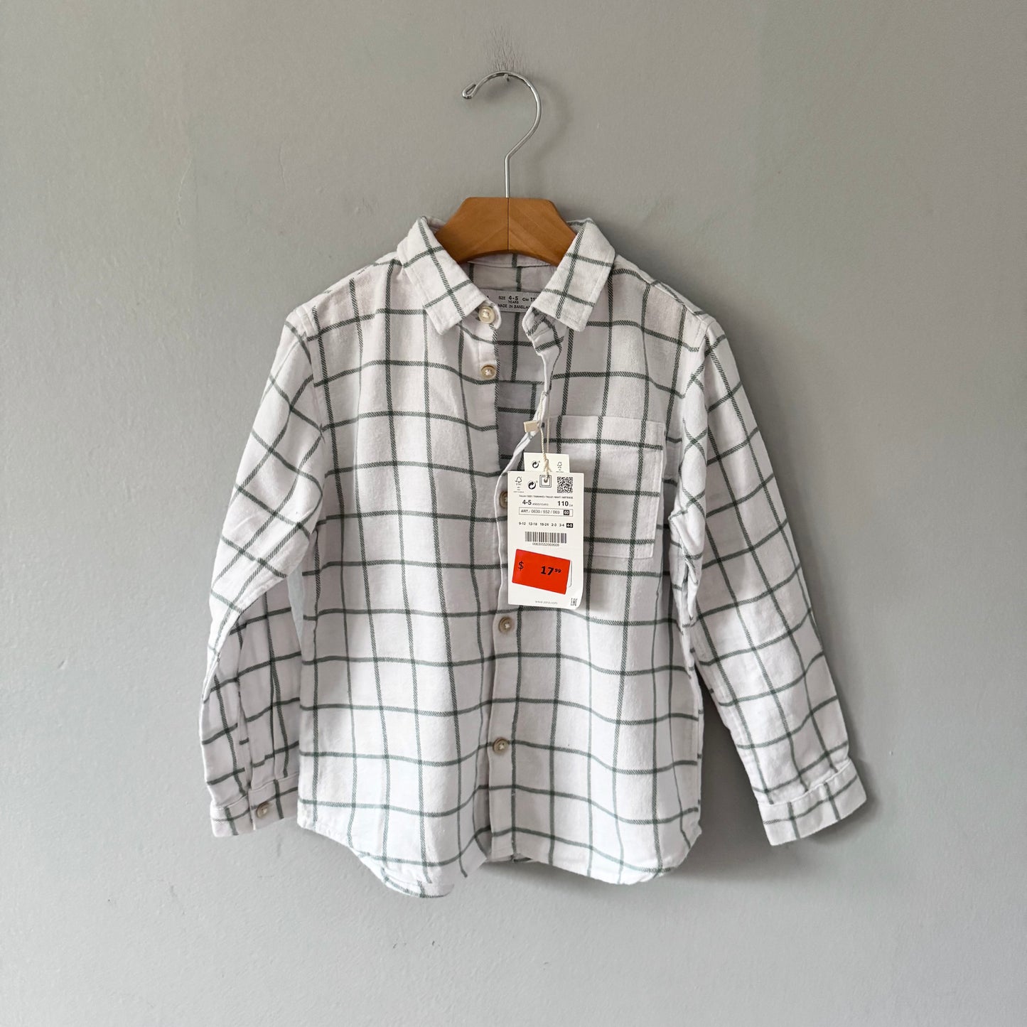 Zara / Chemise en flanelle à carreaux blanc et vert / 4-5 ans - Neuve avec étiquette