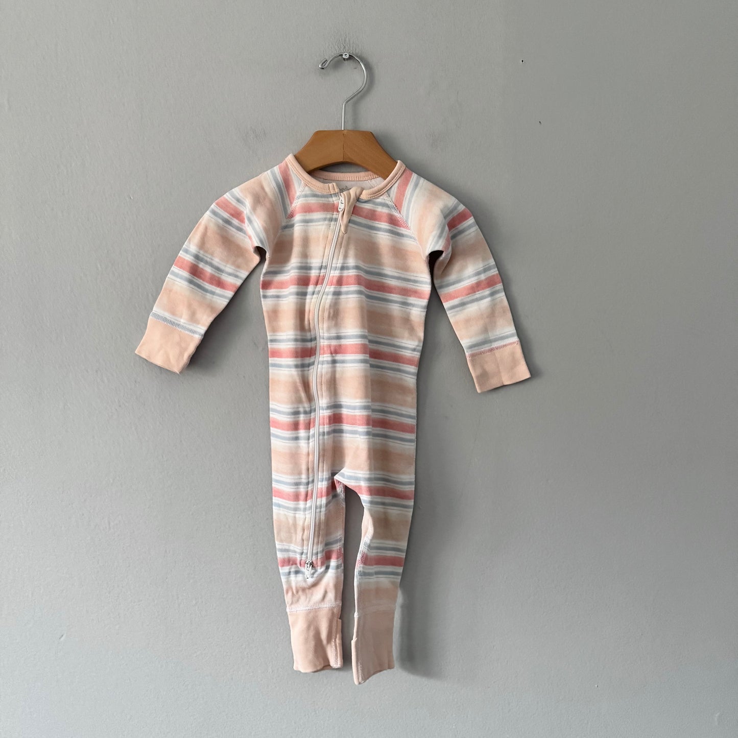 Sapling / Orange x blue stripe romper / 3-6M