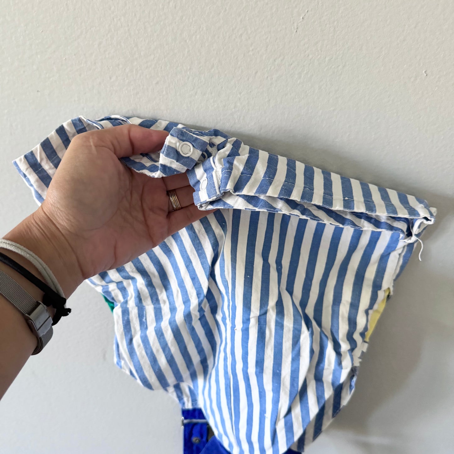Vintage / White blue stripe overall shorts / 6M