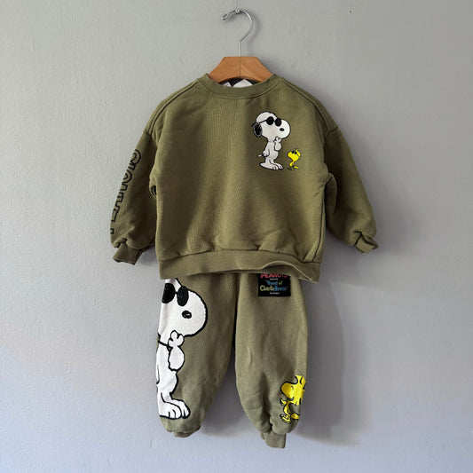 Zara x Snoopy / Khaki sweatshirt & pants set / 12-18M