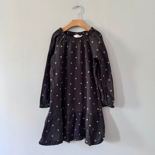 H&M / Dark grey x flower muslin dress / 8-9Y