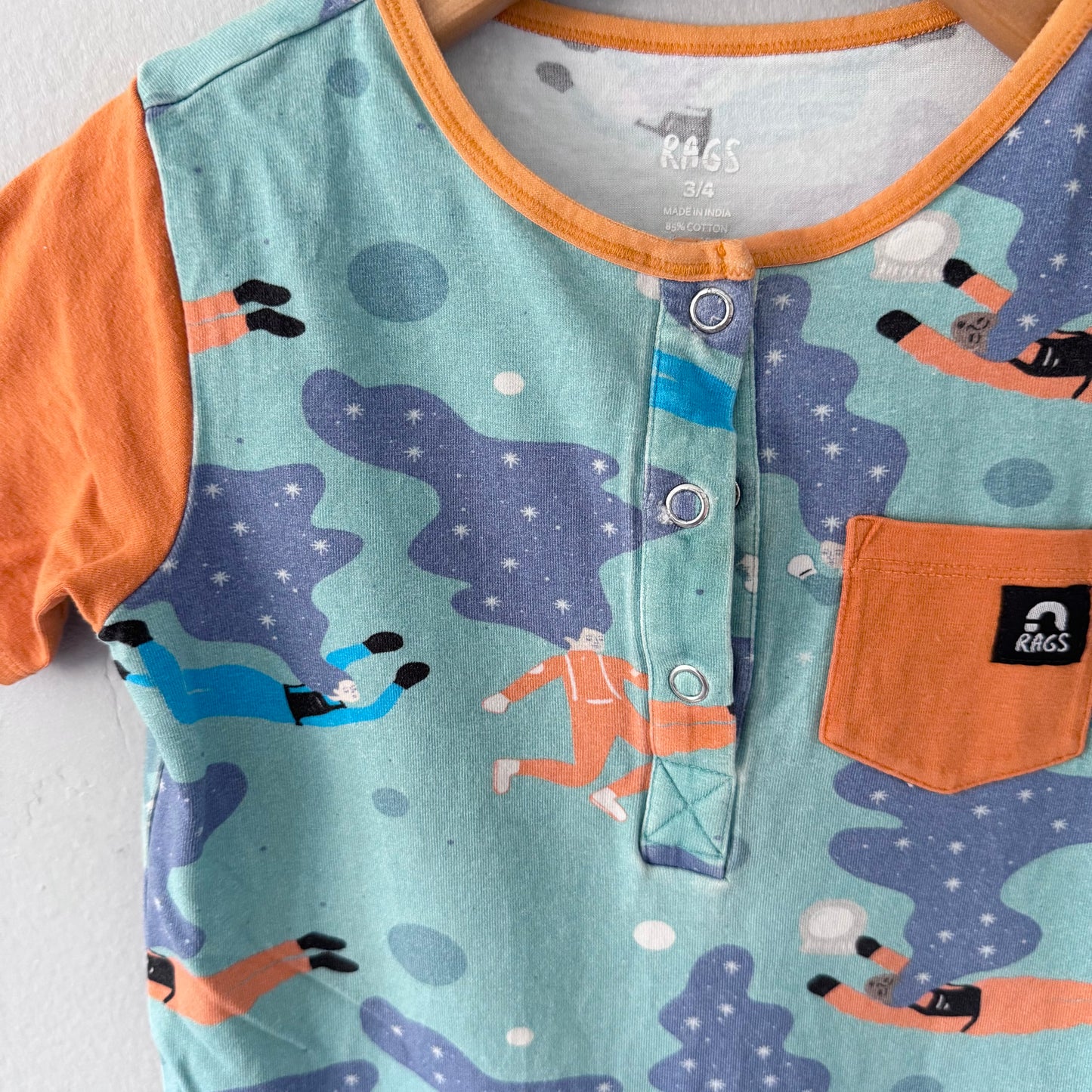 Rags / Barboteuse manches courtes bleue x orange / 3-4 ans