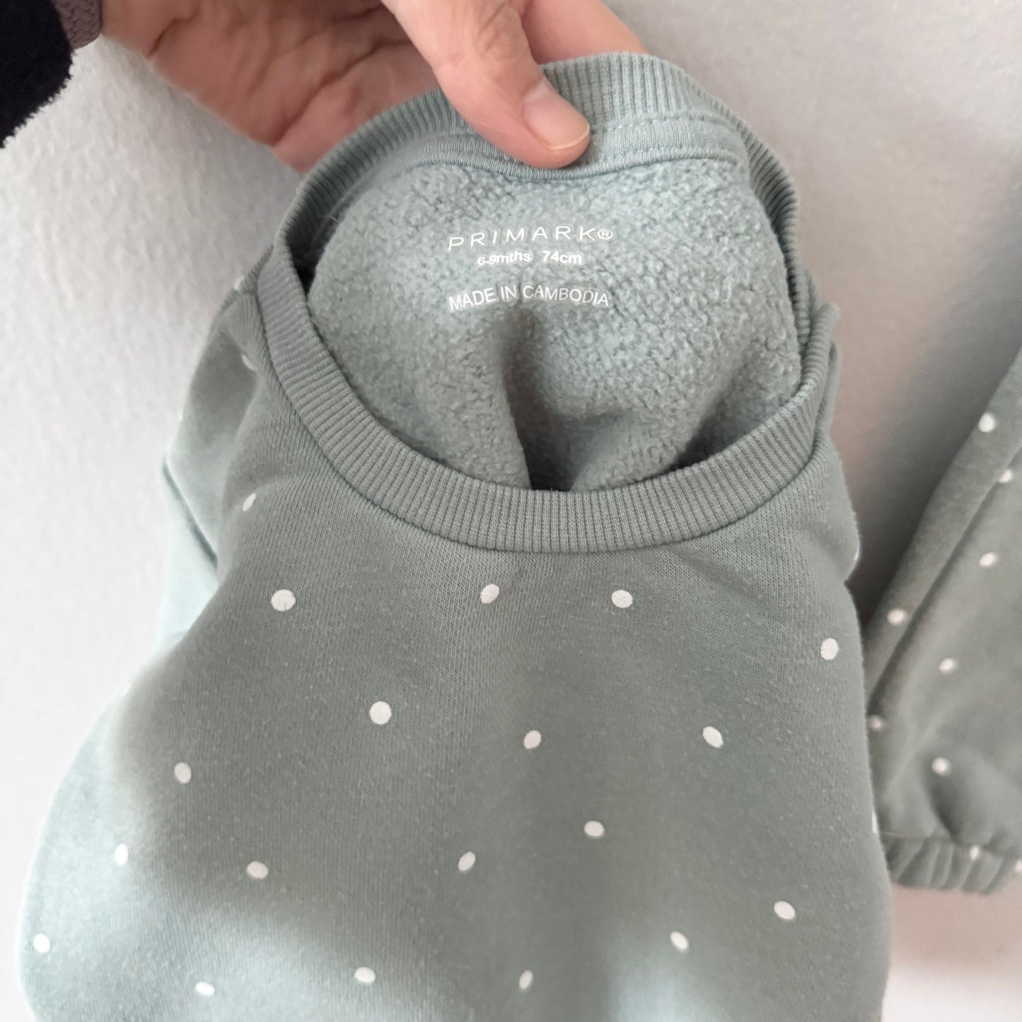 Primark / Ensemble sweat et pantalon vert à pois x / 9-12M