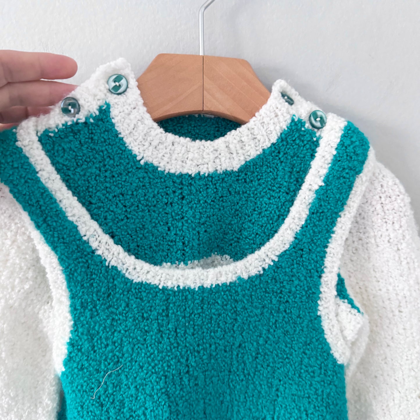 Handmade / Green x white knit overall and pullover set / 18M