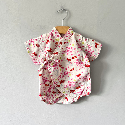 No brand / Japanese summer kimono rompers - white x gold fish / 80cm(12M)