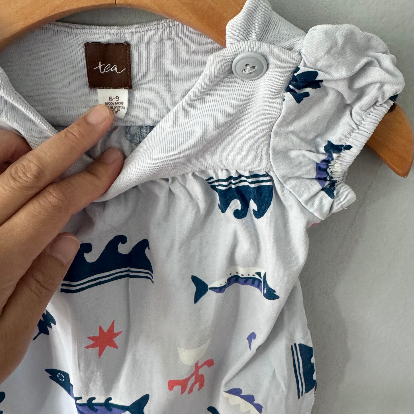 Tea / Light blue x sea pattern tank romper / 6-9M