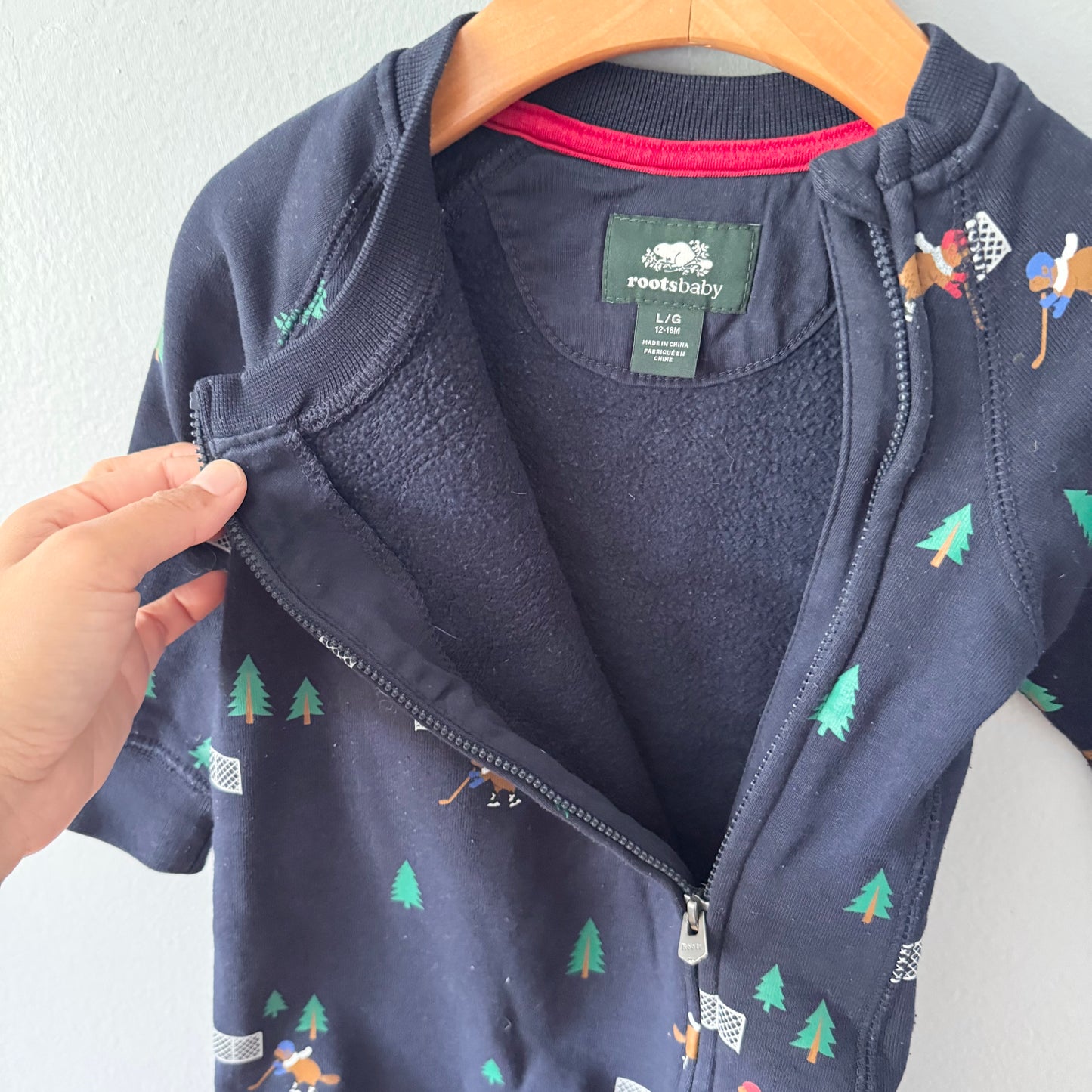 Roots / Navy crew romper / 12-18M